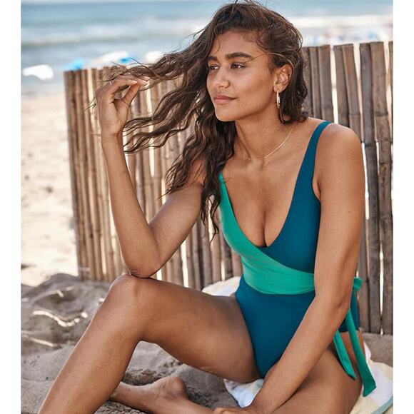 SUMMERSALT The Perfect Wrap One Piece Swimsuit Colorblock Seaglass Size 2 - Picture 1 of 7